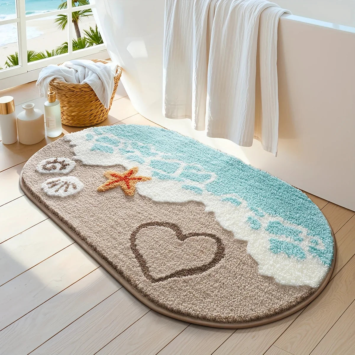 VIKAMA Tapis de plage d'été, tapis de salle de bain absorbant, tapis de pied de baignoire, facile à nettoyer, tapis de salle de bain imperméable, décoration