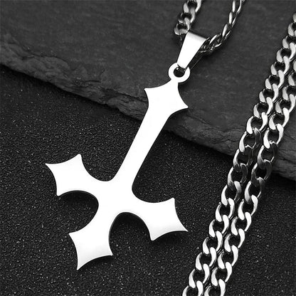 Goth Upside Down Cross Stainless Steel Pendant Necklace | Inverted Crucifix Gothic Jewelry for Men