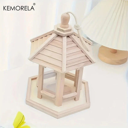 KEMORELA Comedero de pájaros de madera, 1 unidad, decorativo para exteriores, tejido, para colgar, casa de pájaros, jaula, sistema de alimentación de agua
