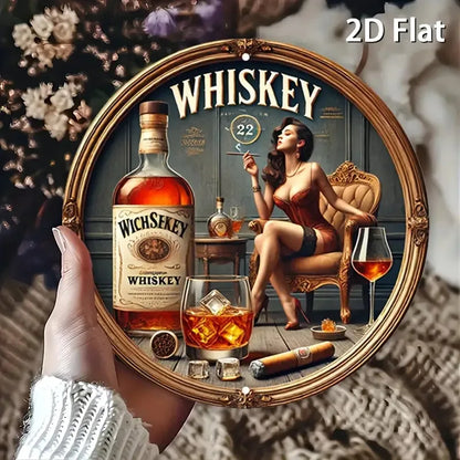 1pc Vintage Whiskey-Themed Round Metal Sign - Female Whiskey Lady & James Bond-Inspired Logo Design, Scotch & Bourbon Art