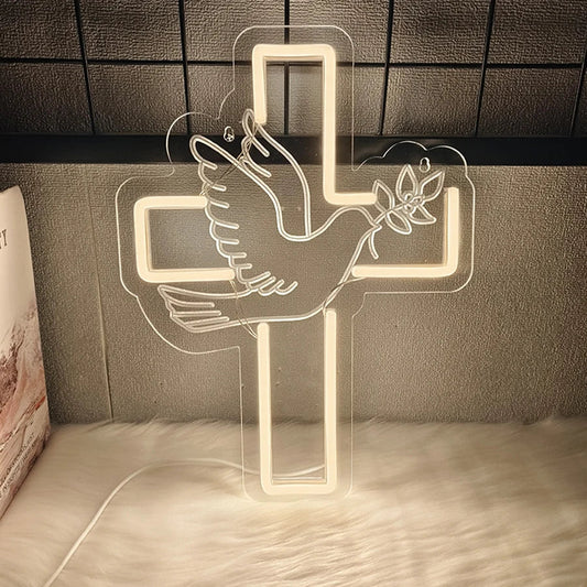 Enseigne au néon croix, icône colombe blanc chaud, alimentée par USB pour église de Jésus, mariage, maison, décoration d'activités de Pâques, facile à accrocher.