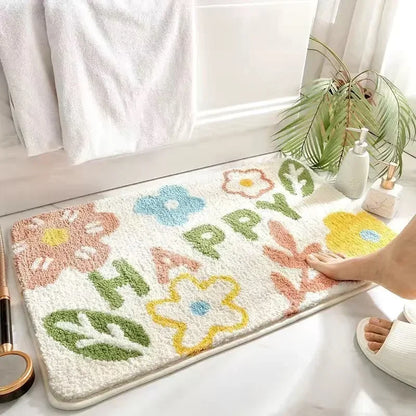 VIKAMA | Tapis en imitation cachemire à motif floral frais - Antidérapant, Tapis de bain absorbant/Paillasson de salon/Tapis de sol polyvalent