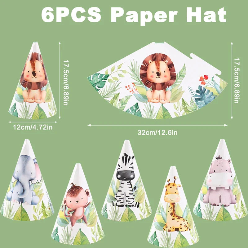 Chapeaux en papier Animaux de la Jungle - Joyeux Anniversaire - Décoration de fête pour enfants Safari, Animaux Sauvages, Un An - Fournitures de décoration de douche de bébé