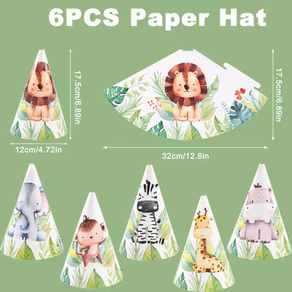 Chapeaux en papier Animaux de la Jungle - Joyeux Anniversaire - Décoration de fête pour enfants Safari, Animaux Sauvages, Un An - Fournitures de décoration de douche de bébé