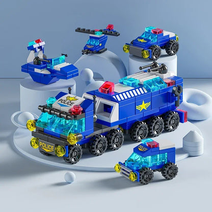 City Fire Car Building Blocks Set | 6-in-1 Police Truck, Engineering Crane, Tank & Helicopter Toys for Kids