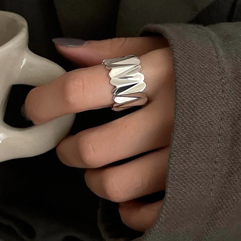 VENTFILLE 925 Sterling Silver Arched Wide Geometric Punk Ring | Asymmetric Cocktail Jewelry