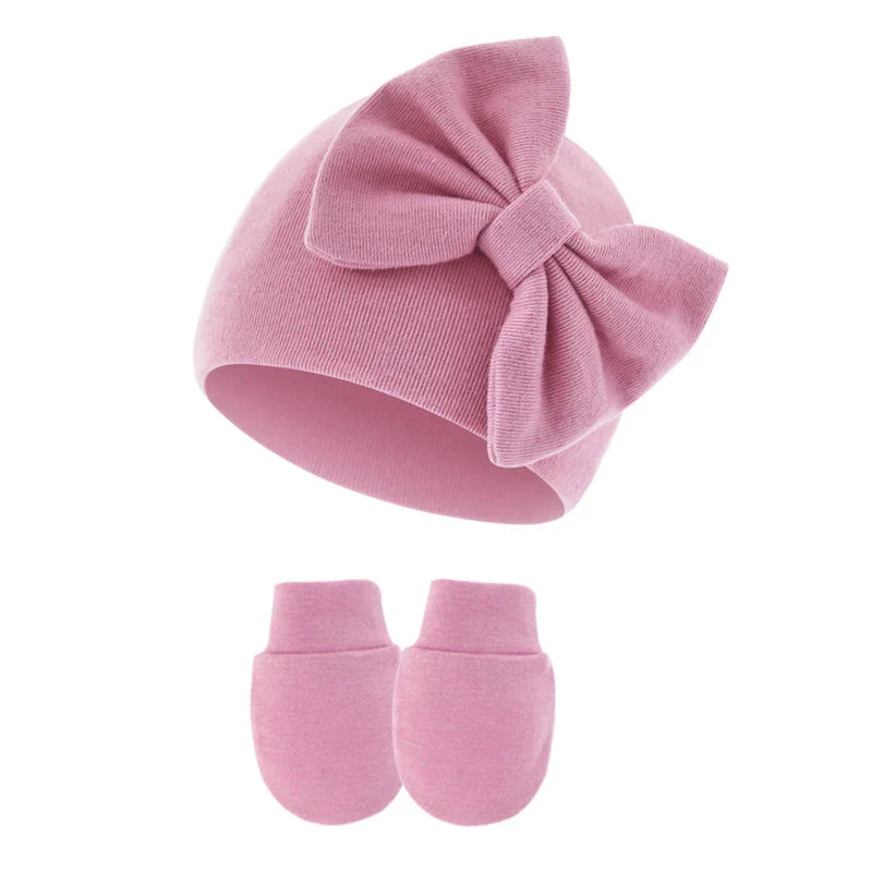 2Pcs Baby Girl Hat and Gloves Set | Newborn Princess Beanie with Big Bow for 0-6 Months
