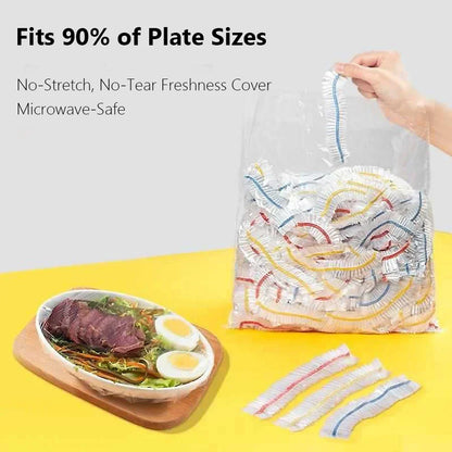 Kitchen Elastic Food Covers | 100 Pack Reusable Plastic Wrap for Bowls and Plates
