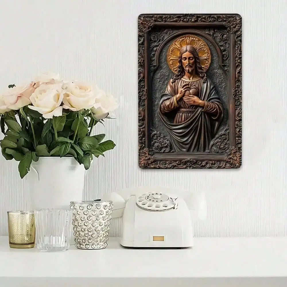 Art mural en métal Sacré Cœur de Jésus, Décoration religieuse pour la maison, Cadeau catholique, Sculpture en relief chrétienne