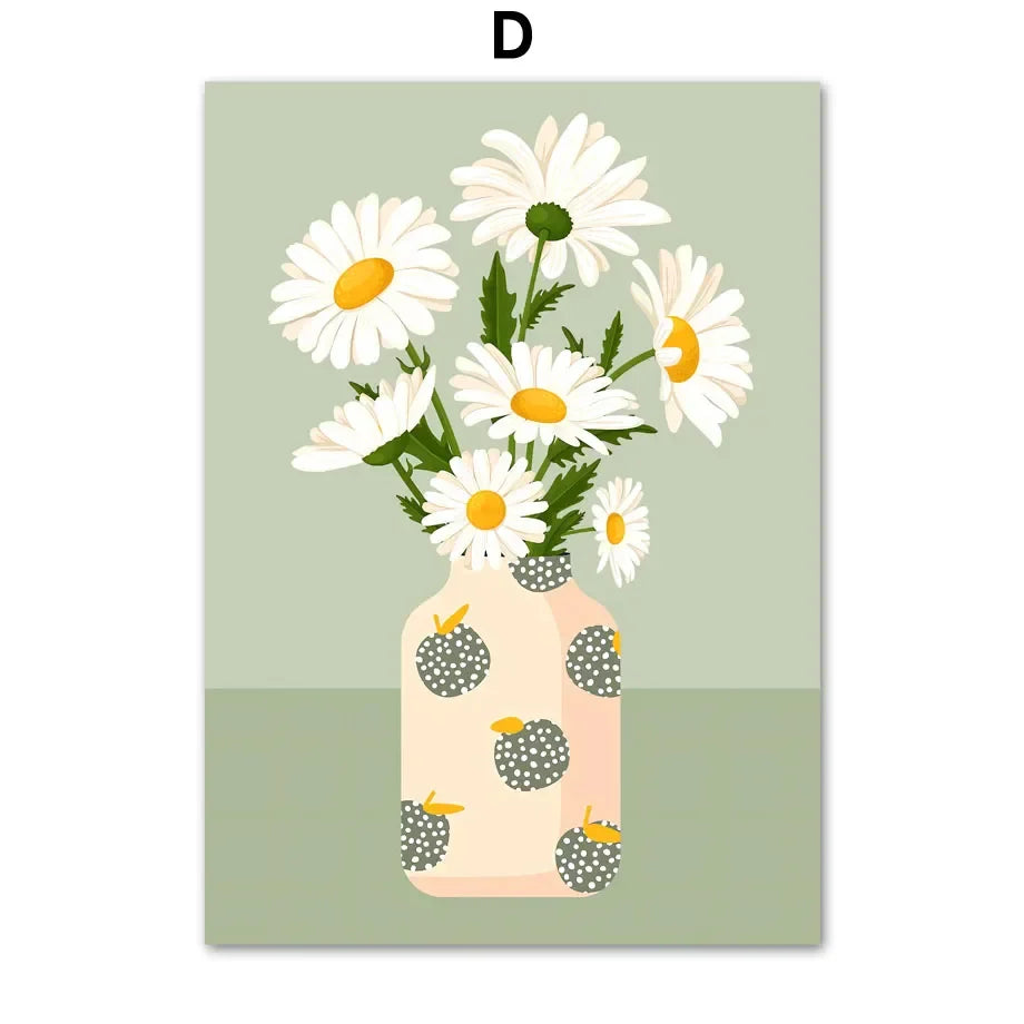 Plantes Tropicales Vase Marguerite Pizza Tasse à Café Nourriture Posters Abstraits Impressions Murales sur Toile Photos Décoration Bohème pour Cuisine et Salon