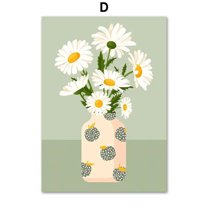 Plantes Tropicales Vase Marguerite Pizza Tasse à Café Nourriture Posters Abstraits Impressions Murales sur Toile Photos Décoration Bohème pour Cuisine et Salon