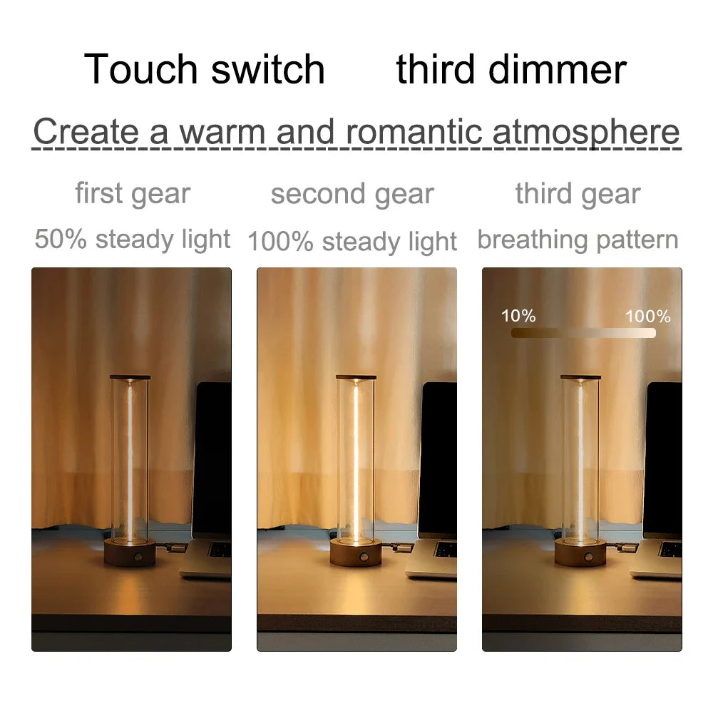 Lámpara de mesita de noche LED inalámbrica con un toque minimalista, regulable