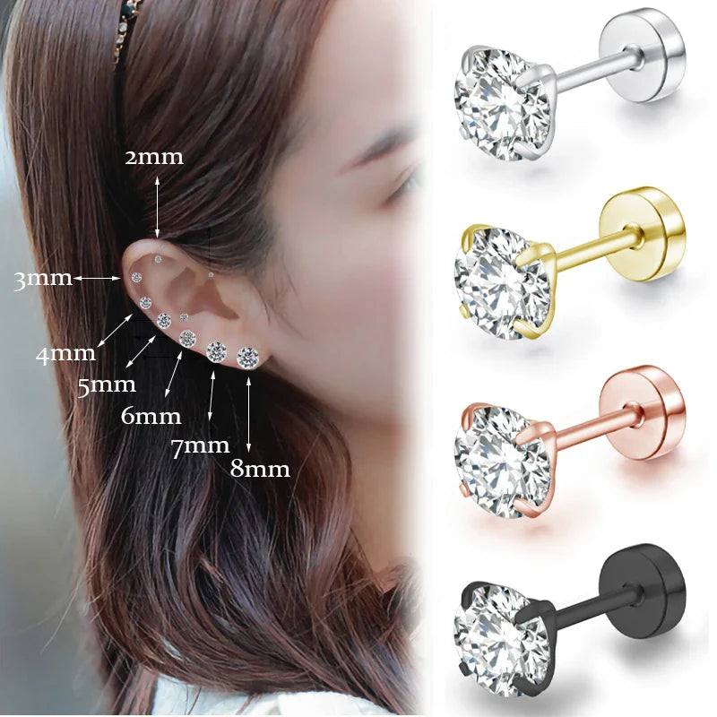 Stainless Steel Cubic Zirconia Stud Earrings | Screw-Back CZ Earrings for Women and Men
