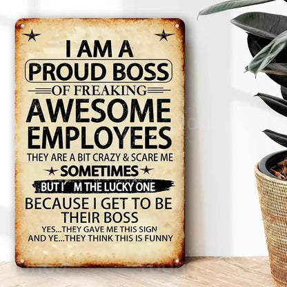 1 Piece 'Awesome Employee's Proud Boss' Aluminum Sign, 8x12 Inches - Humorous and Motivational Wall Art with Vintage Design