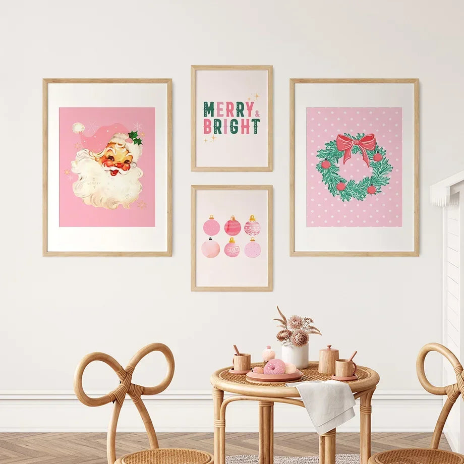 Arte de pared moderno y sencillo, árbol de Navidad rosa, Papá Noel, impresión en lienzo HD, póster, decoración para sala de estar, dormitorio
