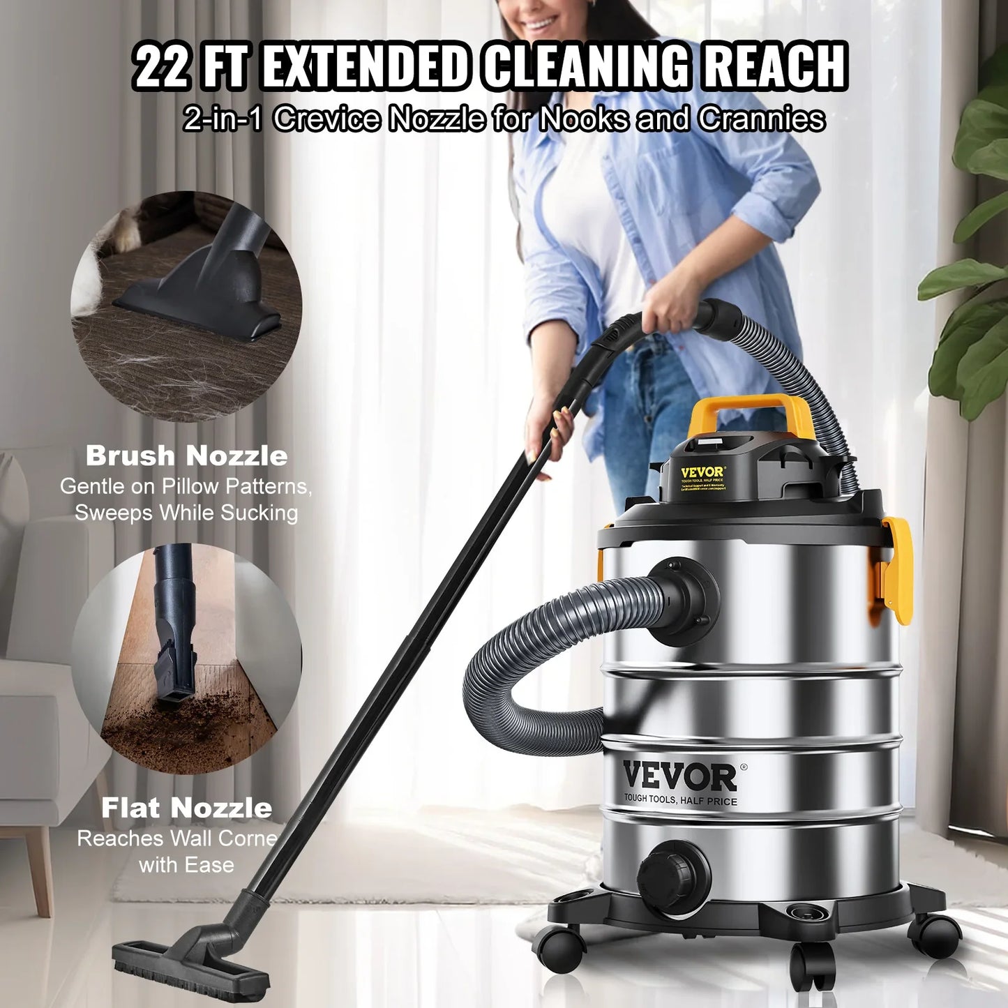 Aspirateur de chantier eau et poussière en acier inoxydable, aspiration puissante pour tapis, débris et poils d'animaux