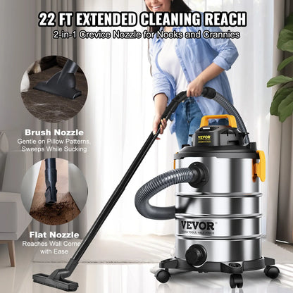 Aspirateur de chantier eau et poussière en acier inoxydable, aspiration puissante pour tapis, débris et poils d'animaux