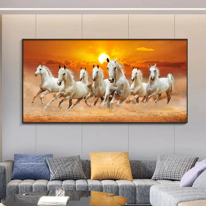 Tableau mural moderne et simple 7 chevaux blancs au galop Paysage coucher de soleil Impression sur toile HD Affiche Décoration maison salon chambre