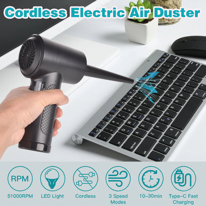 51000RPM Air Duster for Computer Cleaning Cordless Compressed Air Blower with LED