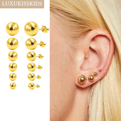 Stainless Steel Ball Stud Earrings Set 6 Pairs | Minimalist Round Clip Earrings for Women Girls