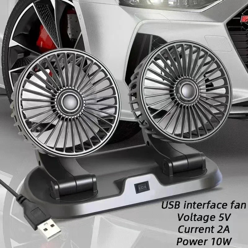 Dual Head Car Fan | 12 Volt Portable Fan with Adjustable Airflow | USB Charging for Efficient Air Circulation