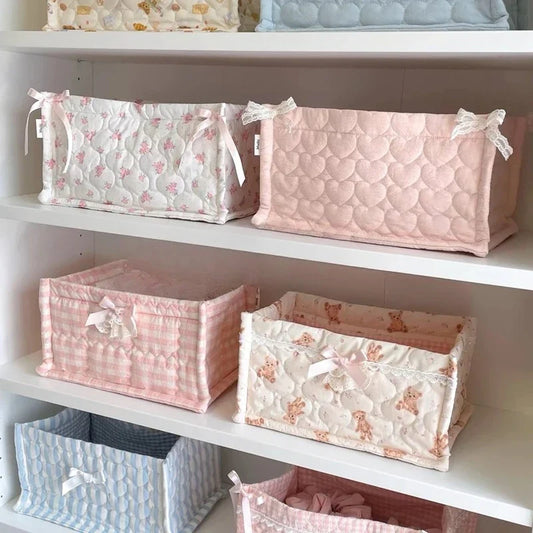Cesta de almacenamiento cuadrada con encaje y flores, organizador de escritorio, cesta de almacenamiento acolchada coreana, bonita cesta de almacenamiento, decoración del hogar