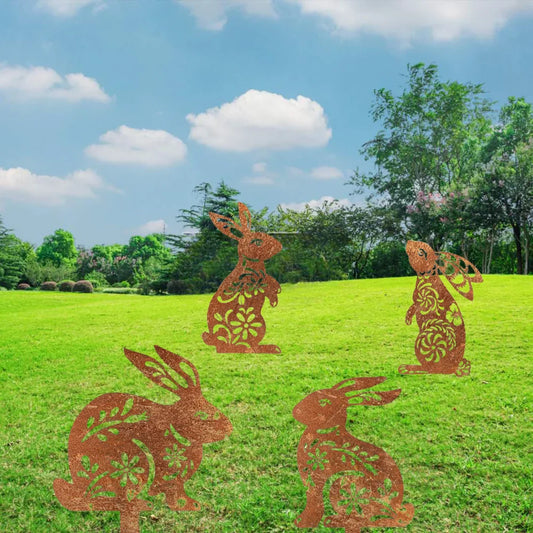 Lovely Rustic Metal Rabbit Garden Post Patinated Rusty Finish Great for Outdoor Adornment Backyard Patio Farm Area