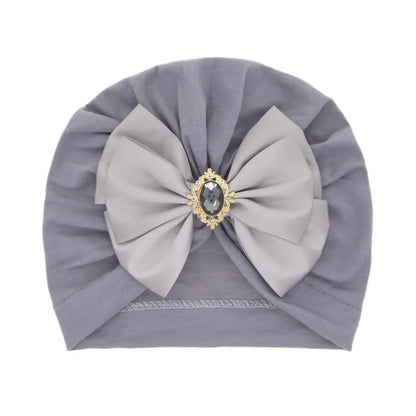 Solid Color Baby Turban Bow Beanie with Rhinestone | Handmade Infant Cap for Girls 0-2 Years