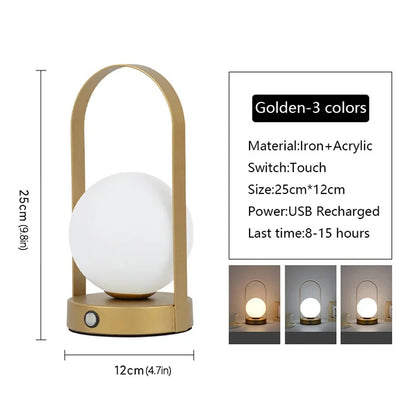 Portable Metal Table Lamp Rechargeable Dimmable 3 Color LED Bedside Desk Light
