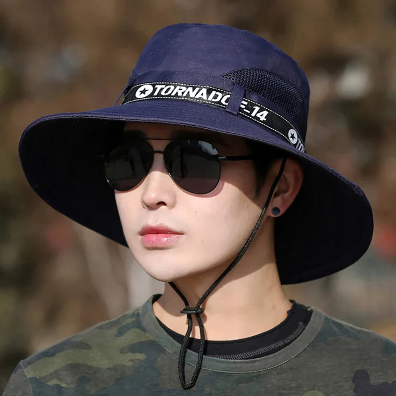 Windproof Men Outdoor Hat | Wide Brim Flat Top Fisherman Hat with Letter Print and Anti-UV Strap