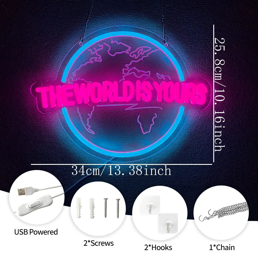 Letrero de neón LED "El mundo es tuyo", letrero con forma de tierra, escultura 3D, utilizado para la decoración de dormitorios, clubes y salas de juegos, alimentado por USB.