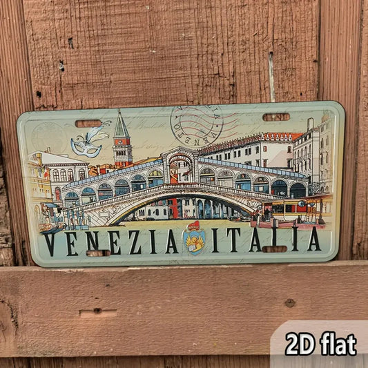 2D Flat, Vintage Italian Travel Poster - Venice Italy Metal Wall Decor Sign with Rialto Bridge & Gondola