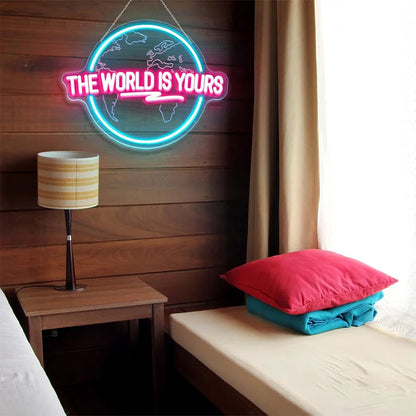 Letrero de neón LED "El mundo es tuyo", letrero con forma de tierra, escultura 3D, utilizado para la decoración de dormitorios, clubes y salas de juegos, alimentado por USB.