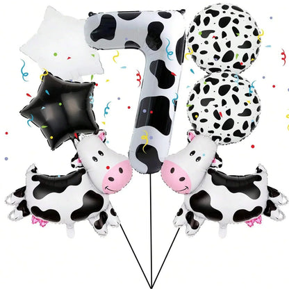 7pcs Cow Print Number Balloon Set | Farm Animal Birthday Party Decoration