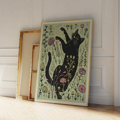 Arte moderno de pared con ilustración de gato negro lindo con flores, lienzo impreso, póster, imagen para decoración del hogar de sala de estar