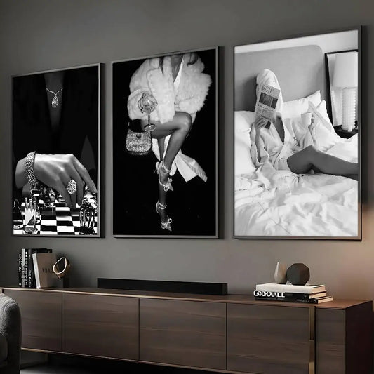 Chaussures à talons hauts art mode de luxe moderne noir blanc champagne rétro affiche collante impression d'art mural étanche pour salon, chambre à coucher, bar