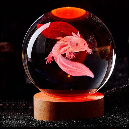 3D Axolotl Crystal Ball Night Light | LED Laser Engraved Glass Decor Lamp Gift