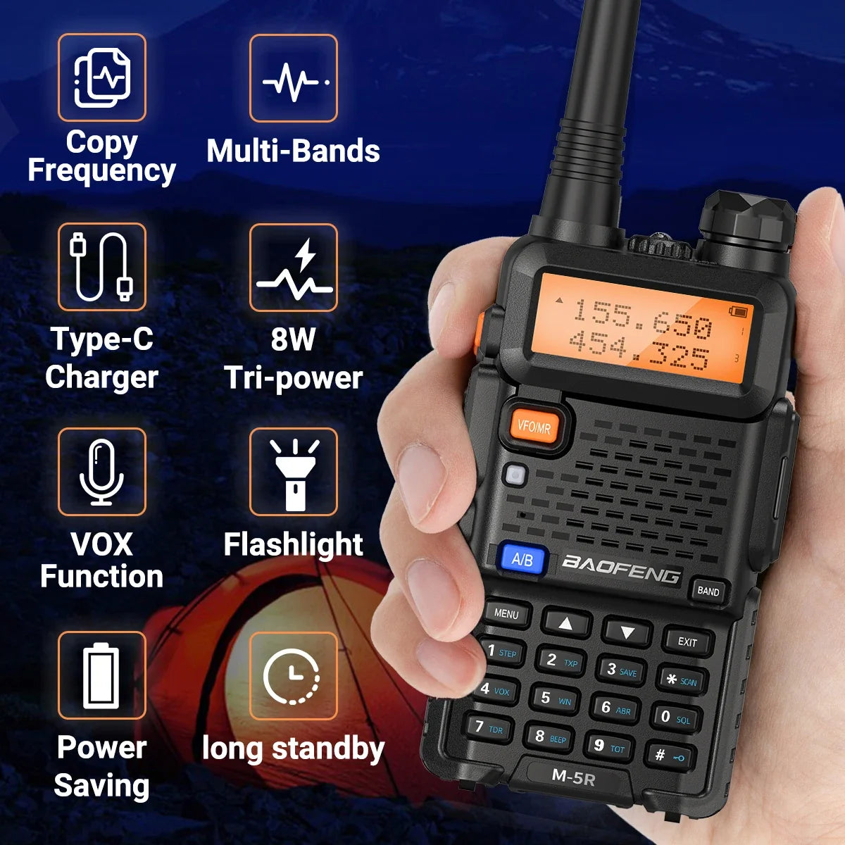 8W Multi Band Walkie Talkie Long Range Two Way Radio USB C Handheld