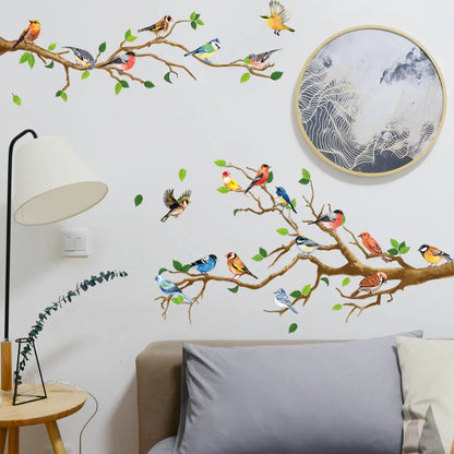 Colorful Birds on Branch Wall Decal | 4pcs Self-Adhesive PVC Art Sticker Set
