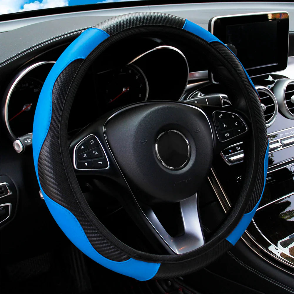 PU Carbon Fiber Leather Car Steering Wheel Cover | 14.5-15 Inch Grip Enhancer