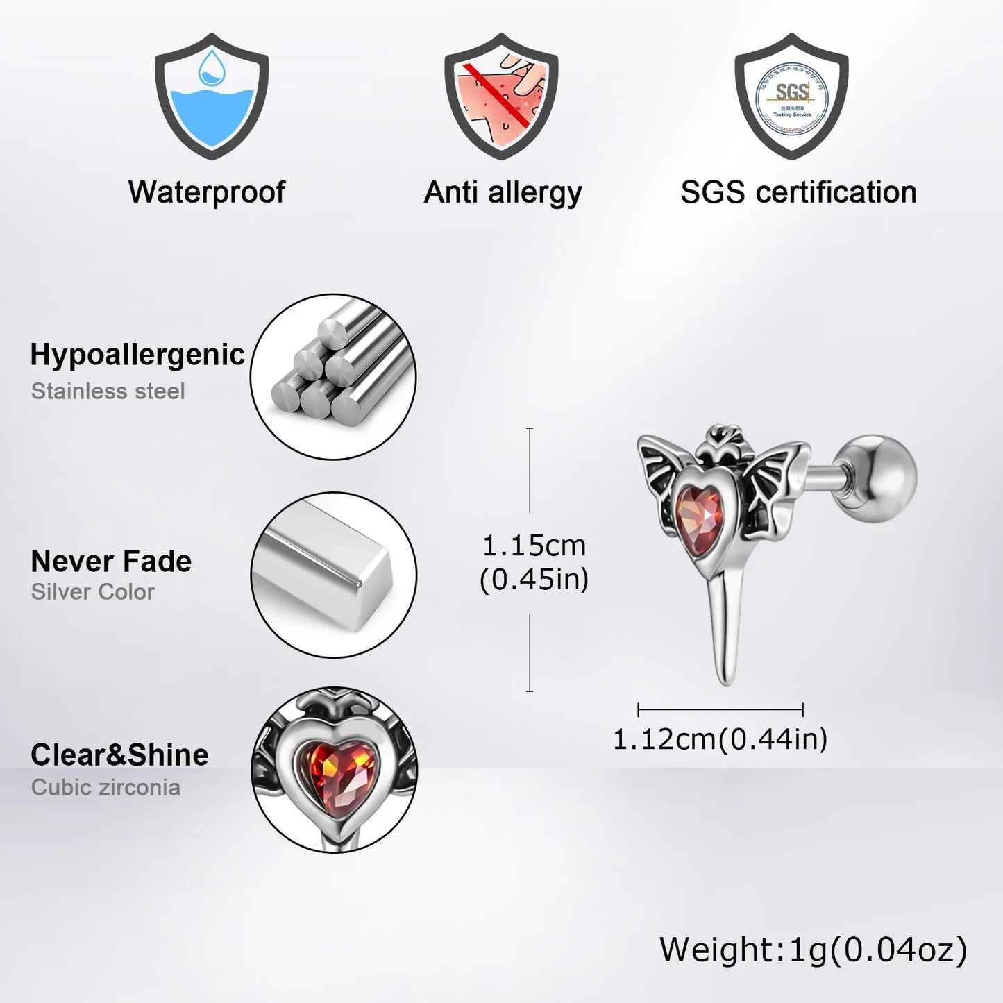 Stainless Steel Heart Zircon Wings Stud Earrings | Unisex Vintage Punk Gothic Jewelry