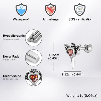 Stainless Steel Heart Zircon Wings Stud Earrings | Unisex Vintage Punk Gothic Jewelry