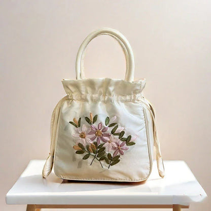 Small Embroidered Flower Bucket Bag | Women's Top Handle Drawstring Purse