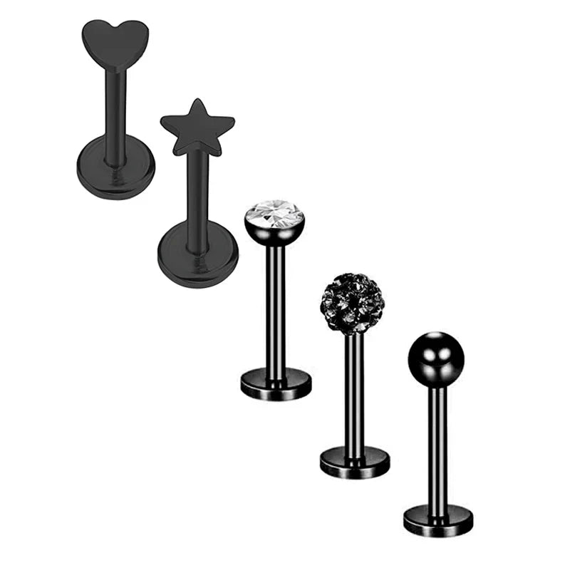 5pcs Mixed Heart Tragus Stud Earring Set | Cartilage Helix Lip Piercing Jewelry