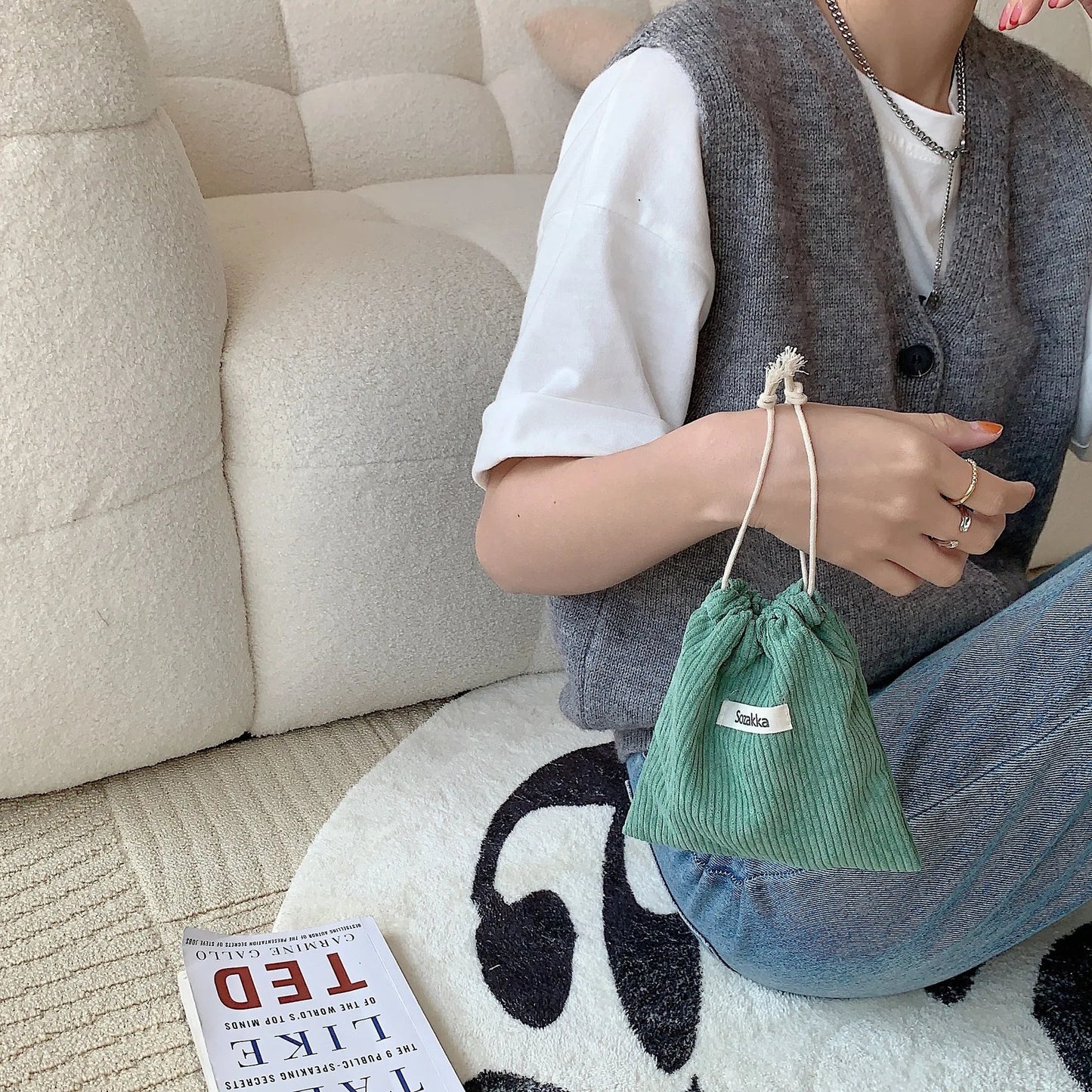 Small Corduroy Drawstring Pouch | Multi-Purpose Storage Bag for Women and Girls