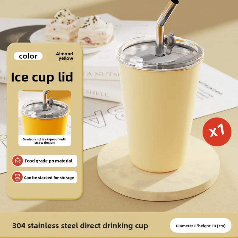 Gobelet à glace en acier inoxydable 304, 6 options de couleur, tasse à café, anti-fuite, double usage, boisson directe et paille, qualité alimentaire, empilable