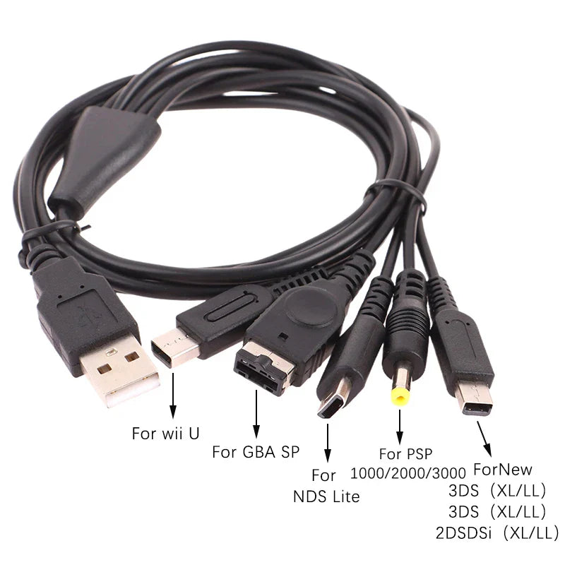5-in-1 Multi-Console USB Charging Cable | 1.2M Fast Charger Cord for Nintendo 3DS, DSi, Wii U, GBA, PSP