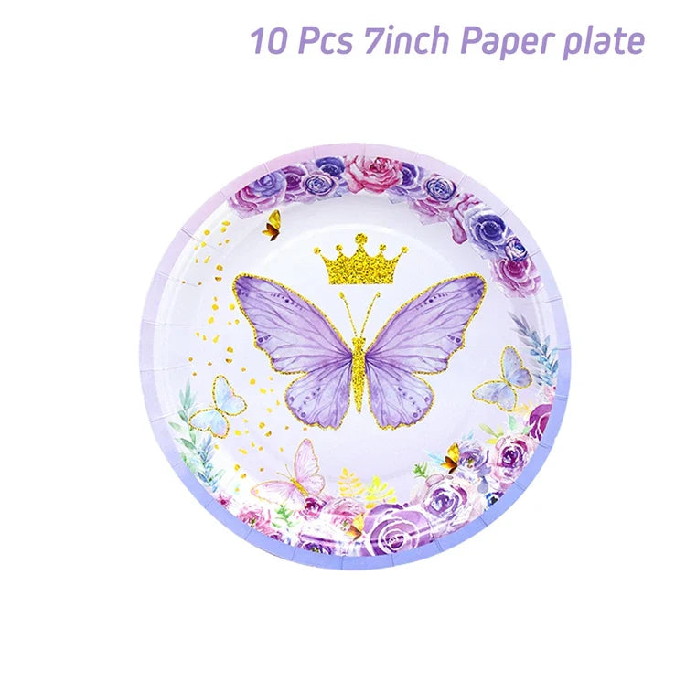 Vaisselle jetable Papillon Violet Serviette Papillon Décoration de Fête d'Anniversaire Fille Baby Shower Baptême Révélation de Genre Fournitures