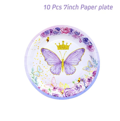 Vaisselle jetable Papillon Violet Serviette Papillon Décoration de Fête d'Anniversaire Fille Baby Shower Baptême Révélation de Genre Fournitures
