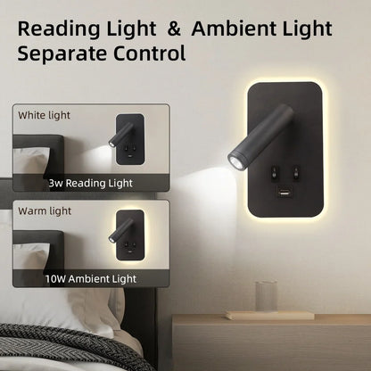 Bedside LED Wall Reading Lamp with USB Port Switch Rotatable Wall Sconce
